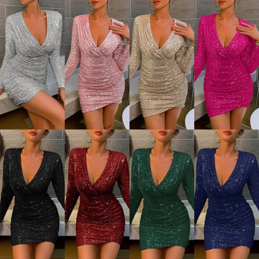 Robe de soirée femme élégante à sequins, col plongeant, manches longues, style glamour - Image 10