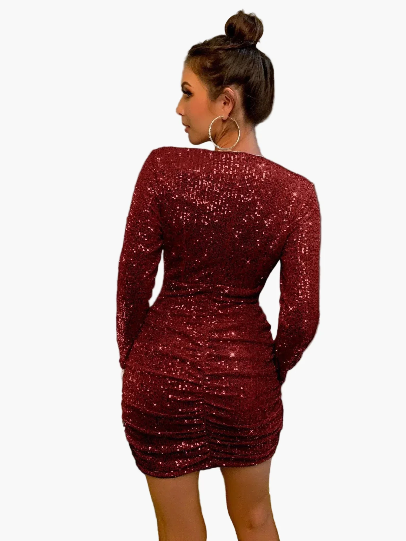 Robe de soirée femme élégante à sequins, col plongeant, manches longues, style glamour - Image 3