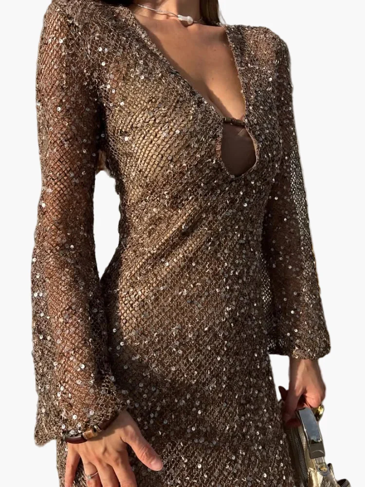 Robe de soirée femme élégante à sequins, style glamour, décolleté plongeant - Image 2