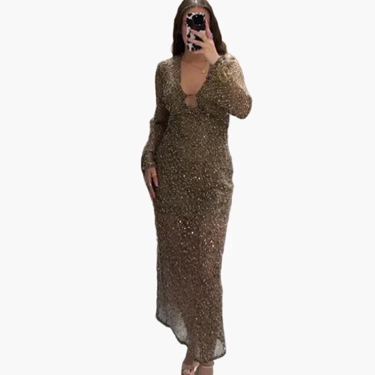 Robe de soirée femme élégante à sequins, style glamour, décolleté plongeant - Image 3