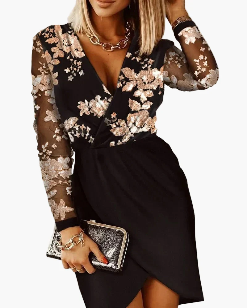 Robe de soirée femme élégante style cocktail à paillettes, manches longues, coupe tendance - Image 4