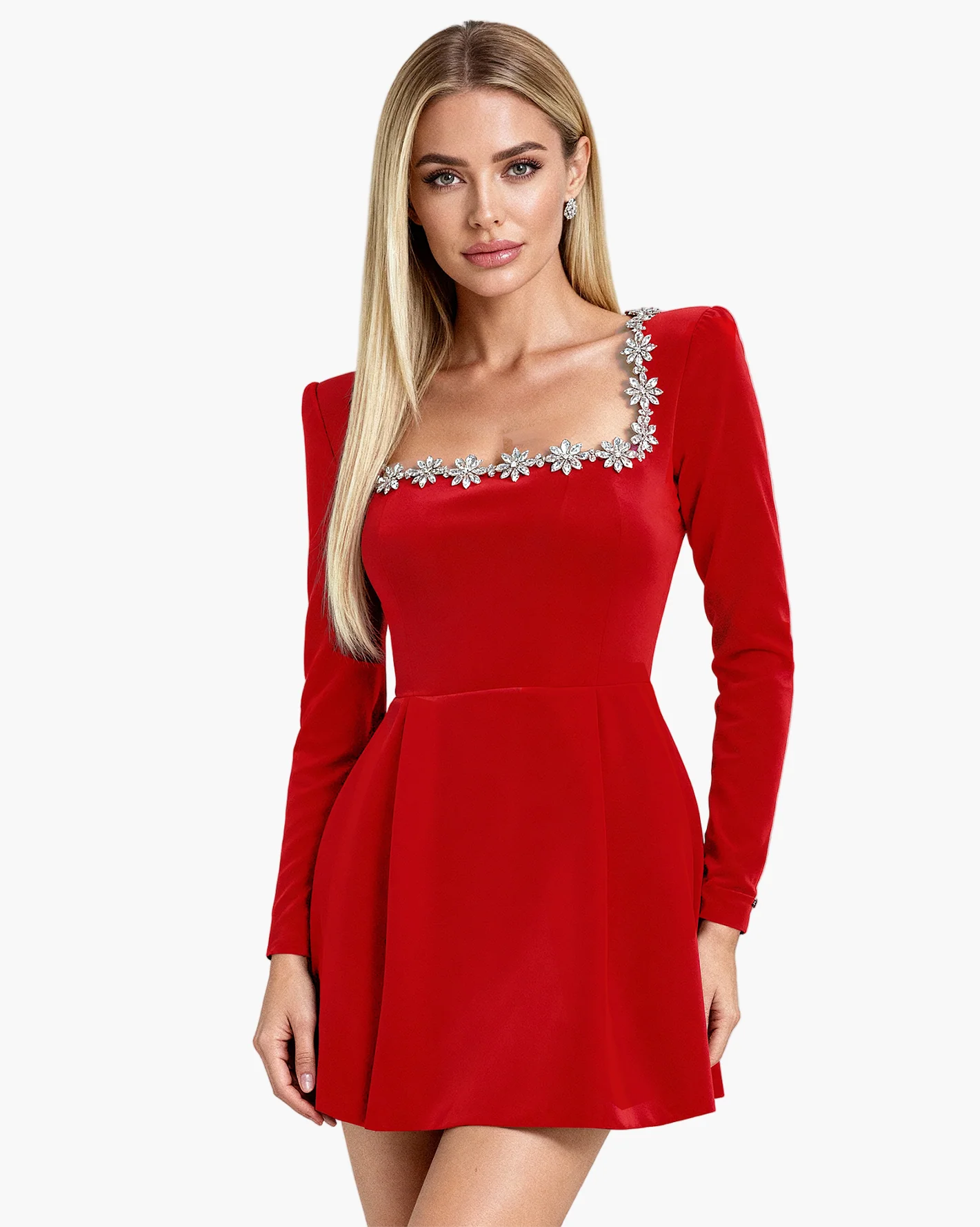 Robe de soirée femme style cocktail, élégante, manches longues, col carré orné de cristaux, idéale pour fêtes et occasions spéciales - Image 5