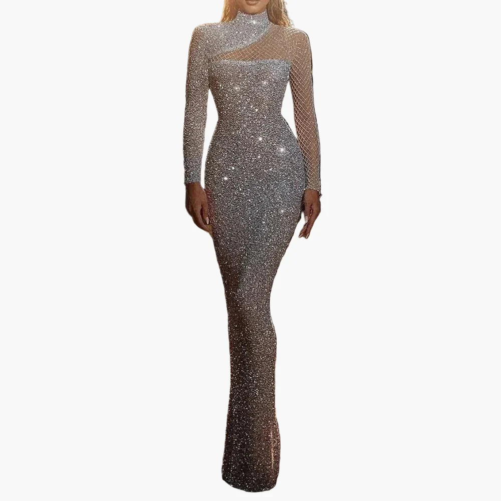 Robe de soirée longue femme élégante à paillettes, manches longues, style glamour pour occasions spéciales - Image 4