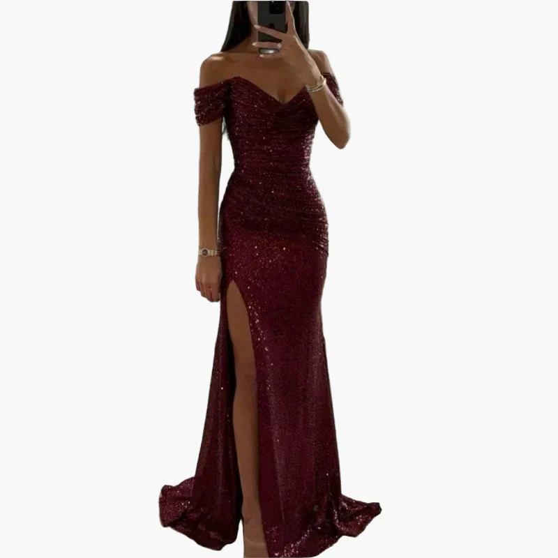 Robe de soirée longue femme fendue épaules dénudées style glamour pour bal ou cérémonie - Image 2