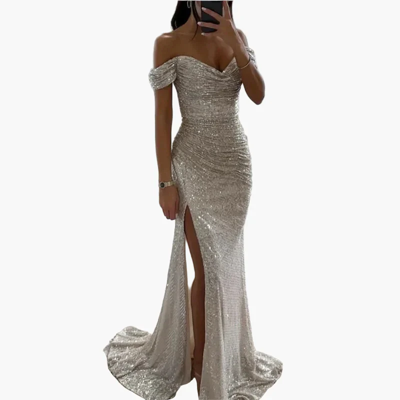 Robe de soirée longue femme fendue épaules dénudées style glamour pour bal ou cérémonie - Image 3