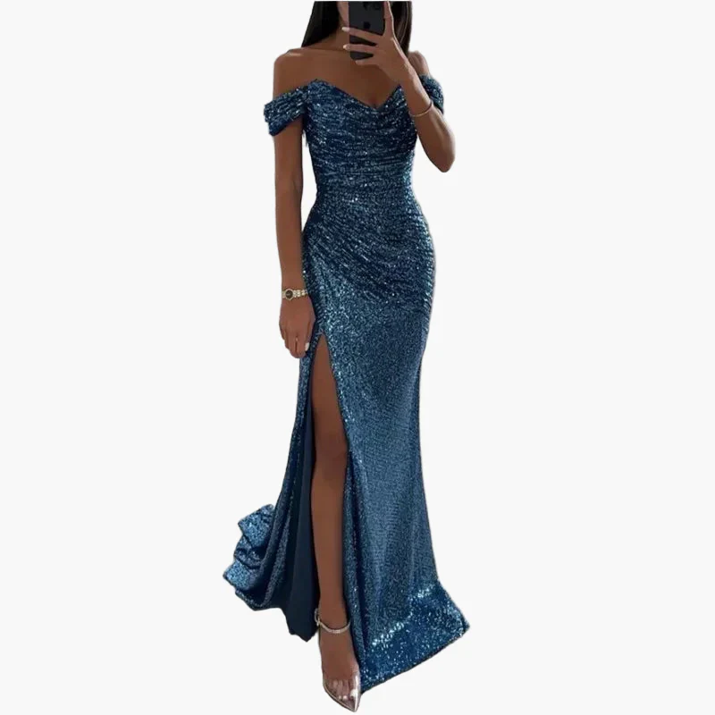 Robe de soirée longue femme fendue épaules dénudées style glamour pour bal ou cérémonie - Image 4