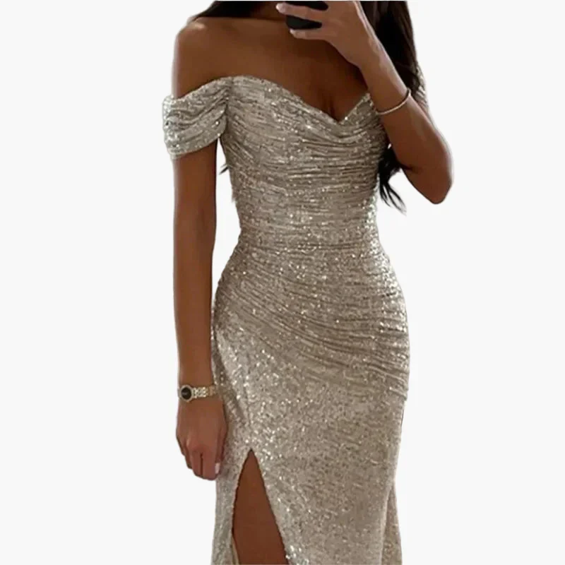 Robe de soirée longue femme fendue épaules dénudées style glamour pour bal ou cérémonie - Image 6
