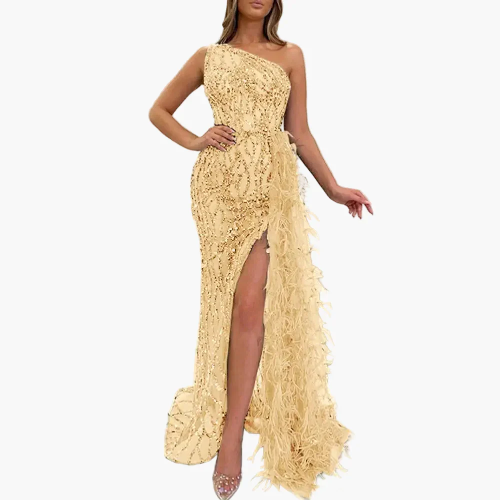 Robe de soirée longue femme à sequins style sirène fendue avec épaules asymétriques pour événements élégants - Image 2