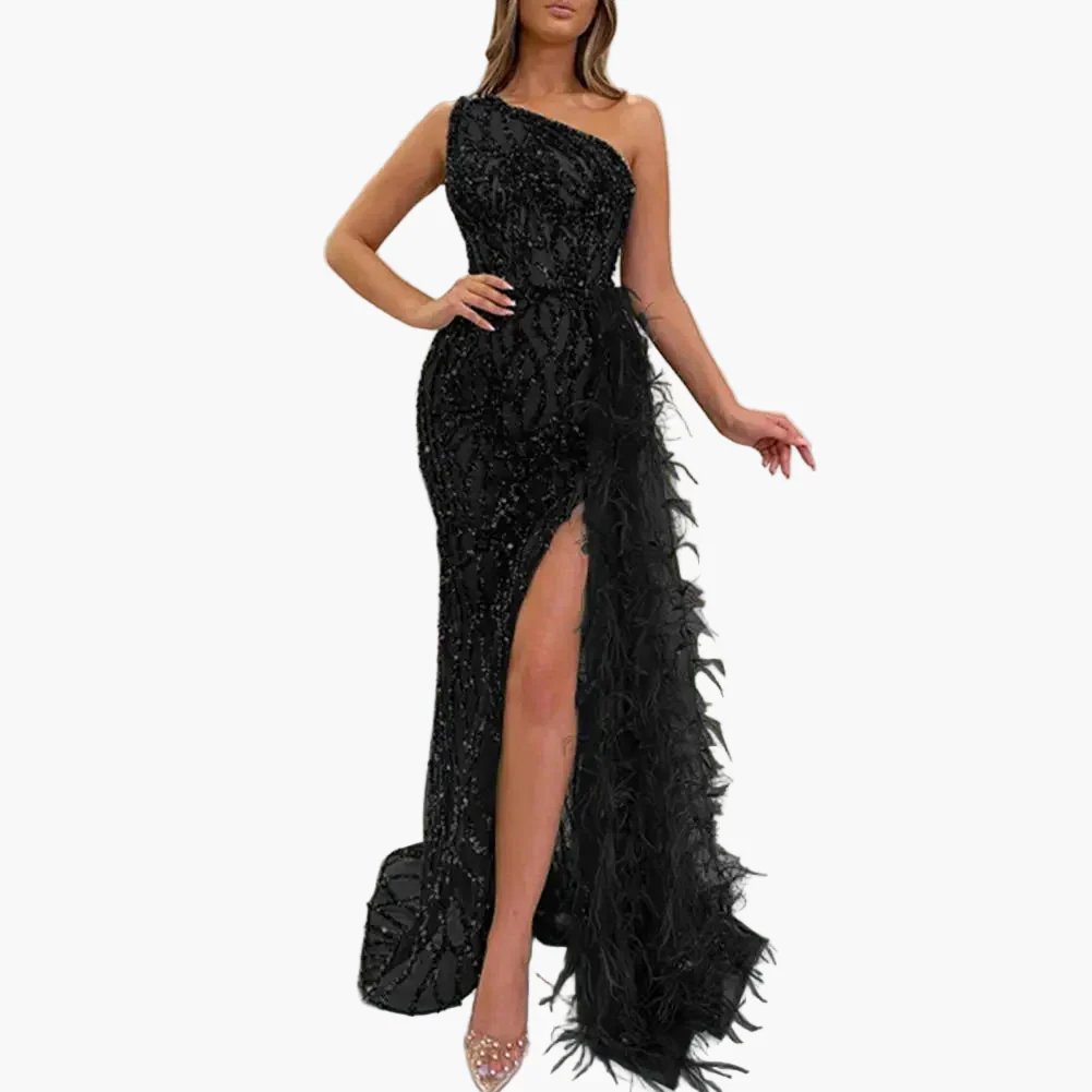Robe de soirée longue femme à sequins style sirène fendue avec épaules asymétriques pour événements élégants - Image 3