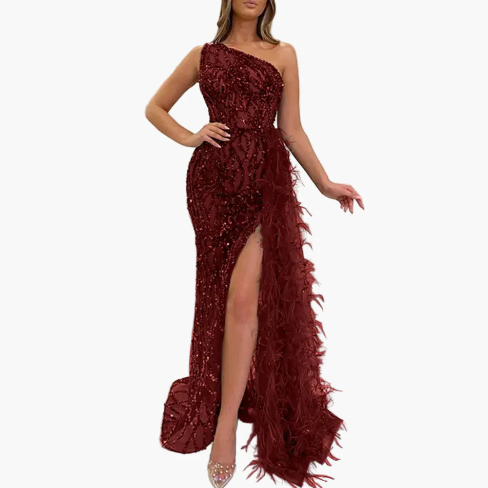 Robe de soirée longue femme à sequins style sirène fendue avec épaules asymétriques pour événements élégants - Image 4