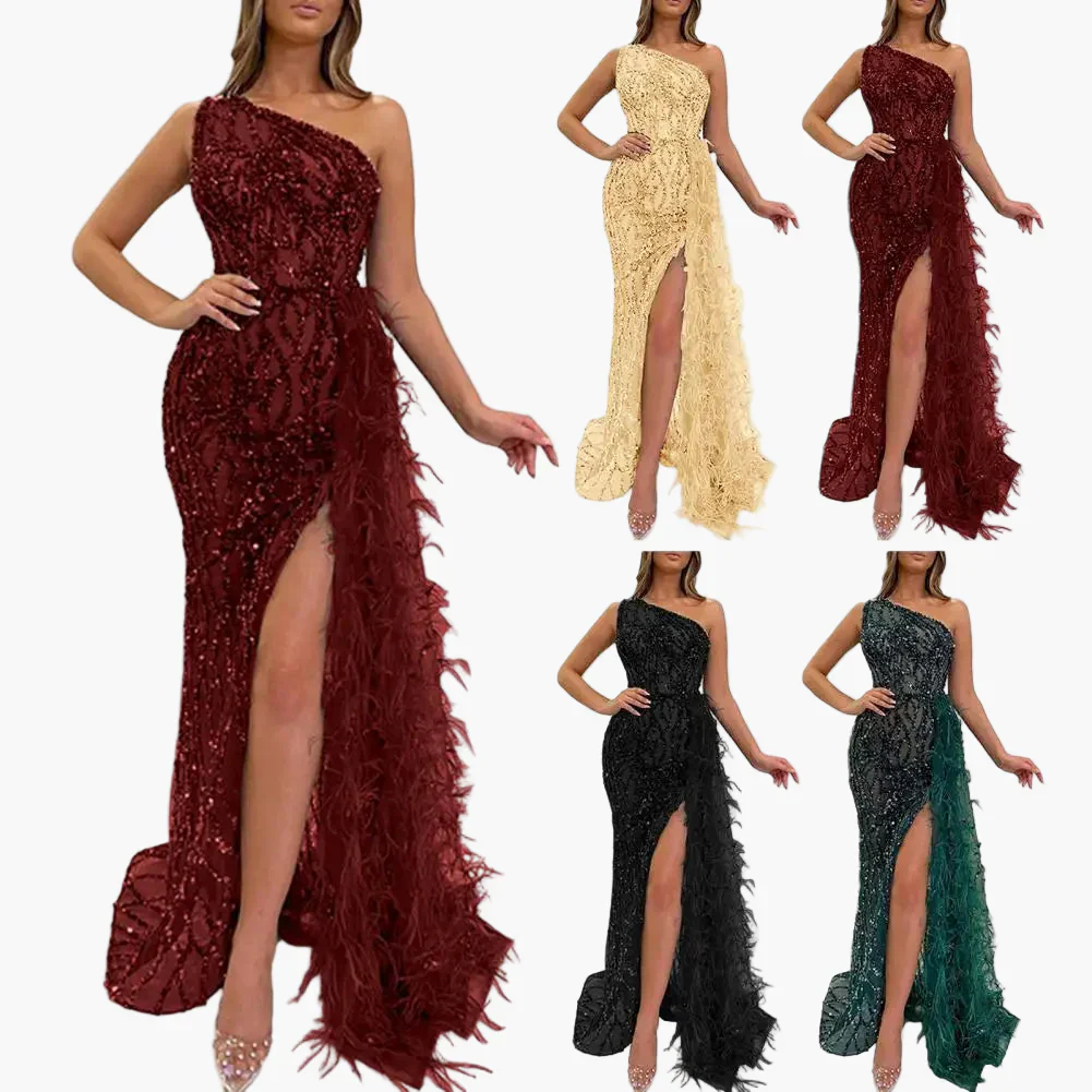 Robe de soirée longue femme à sequins style sirène fendue avec épaules asymétriques pour événements élégants - Image 5