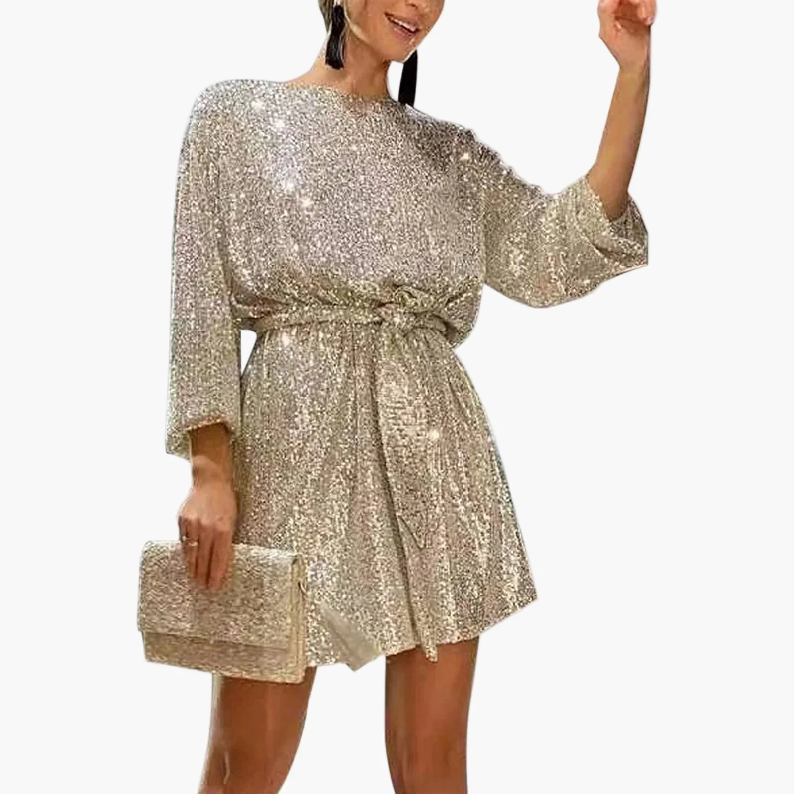 Robe de soirée à paillettes femme coupe ample manches longues – Style chic et glamour pour cocktail, fête ou événement spécial - Image 6