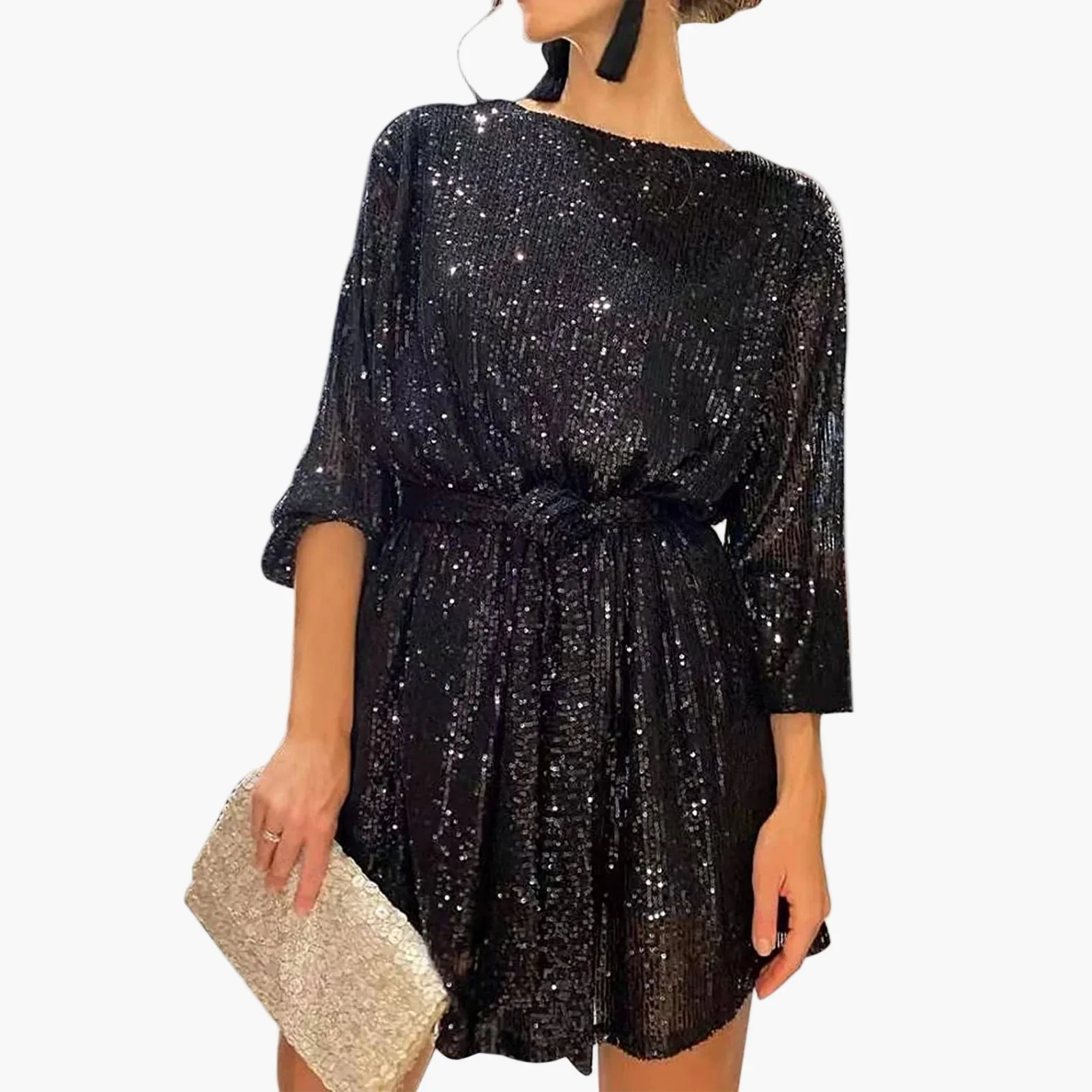 Robe de soirée à paillettes femme coupe ample manches longues – Style chic et glamour pour cocktail, fête ou événement spécial - Image 7