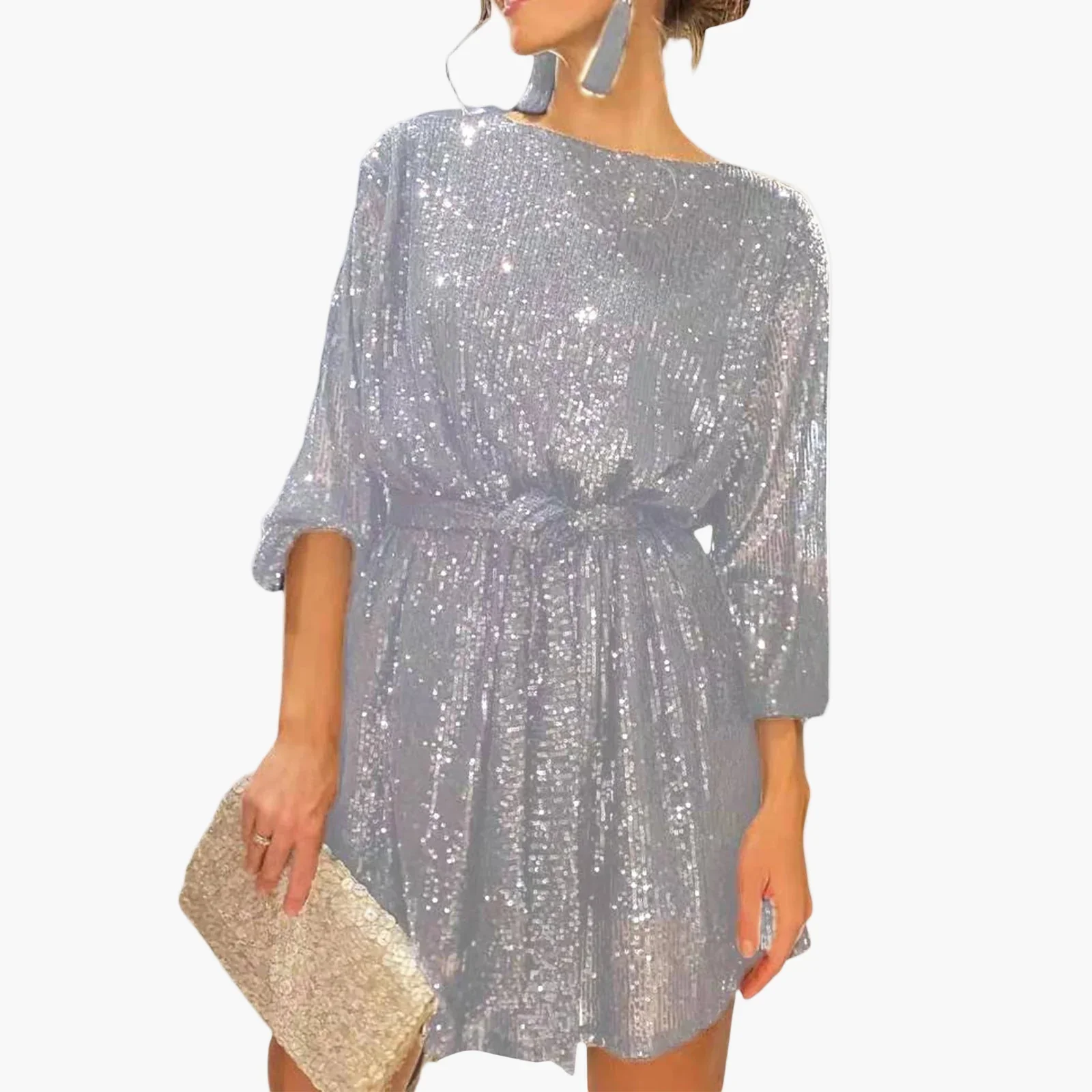 Robe de soirée à paillettes femme coupe ample manches longues – Style chic et glamour pour cocktail, fête ou événement spécial - Image 8