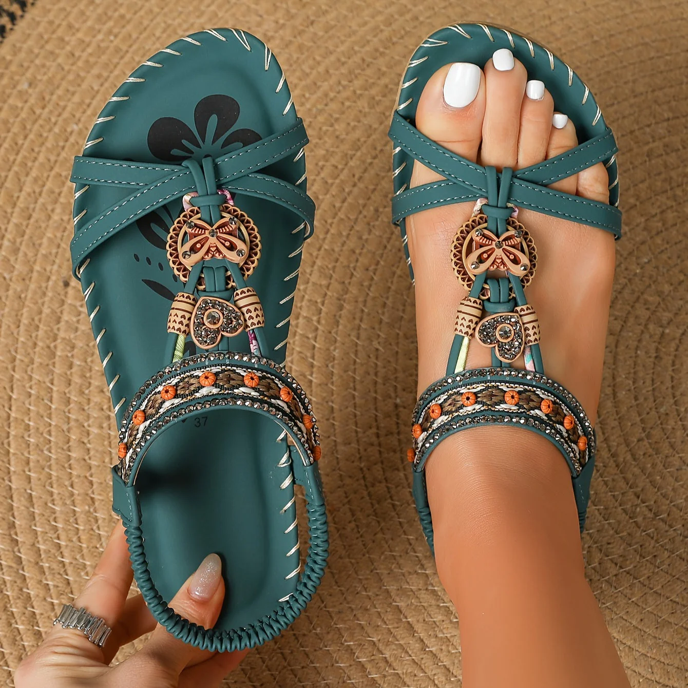 Sandales bohèmes femme à enfiler avec ornements et bride cheville - Style décontracté chic - Image 14