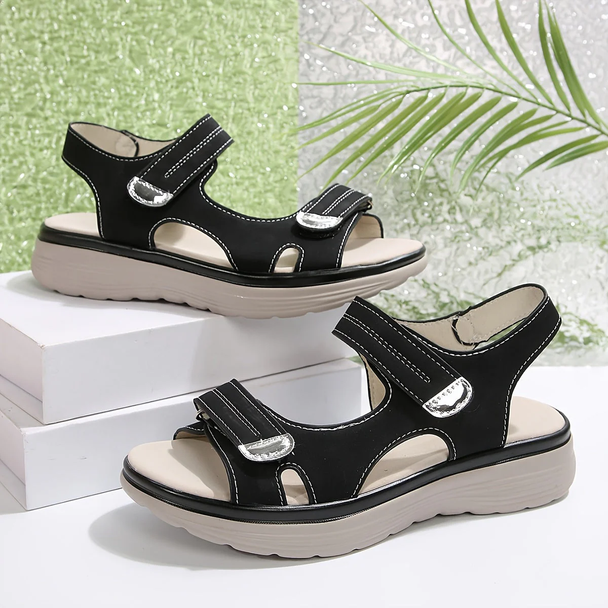 Sandales compensées confort pour femme à scratch, style décontracté et marche estivale - Image 2