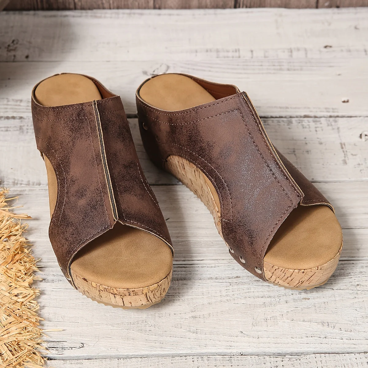 Sandales compensées vintage pour femme à enfiler – Style décontracté été, bout ouvert - Image 5