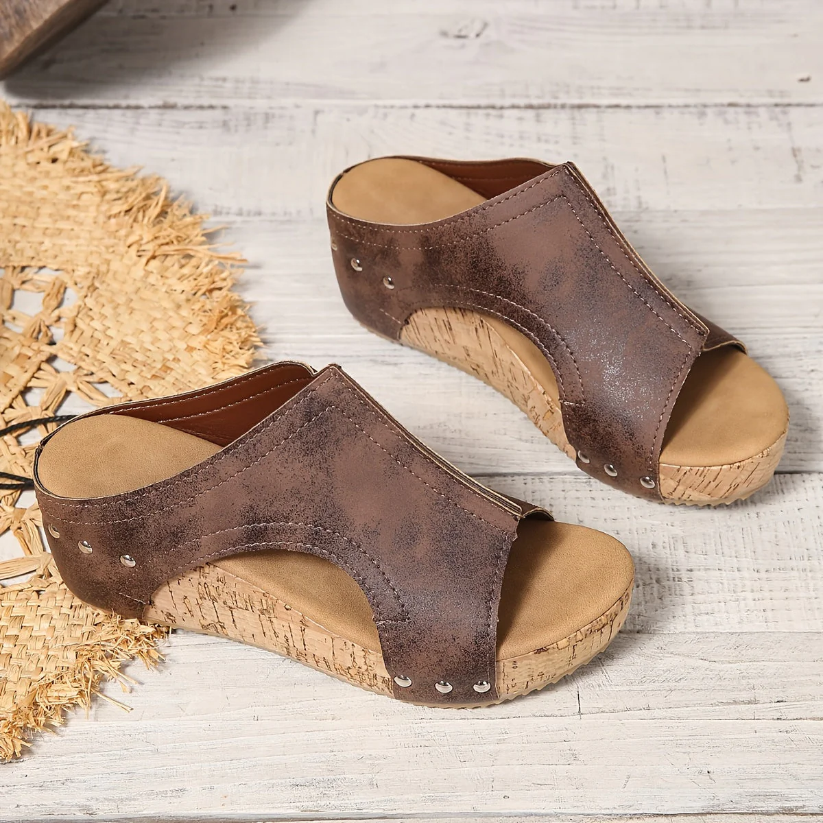 Sandales compensées vintage pour femme à enfiler – Style décontracté été, bout ouvert - Image 6