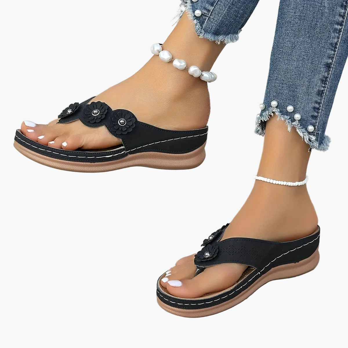 Sandales décontractées pour femme à talon plat style tongs avec fleurs – Idéal pour l’été - Image 10
