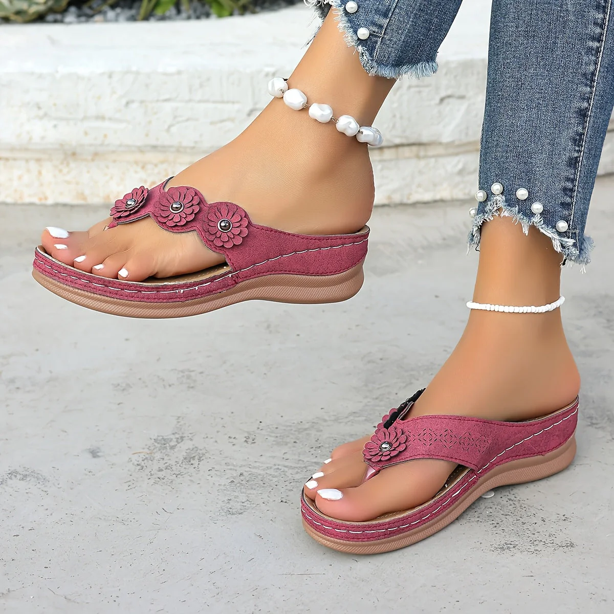 Sandales décontractées pour femme à talon plat style tongs avec fleurs – Idéal pour l’été - Image 3