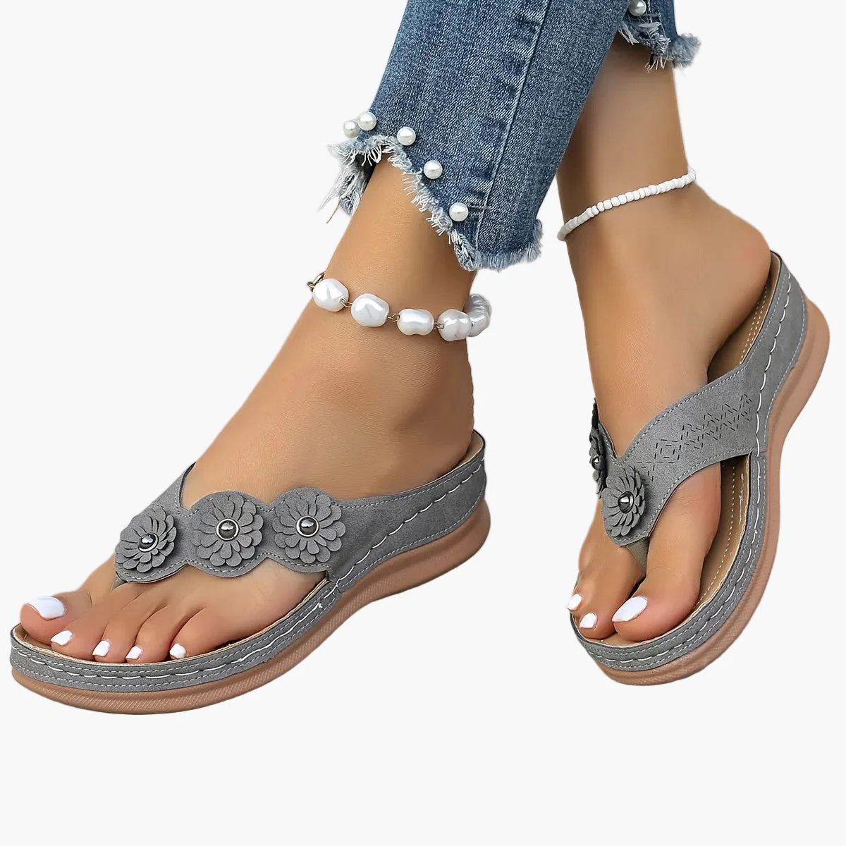 Sandales décontractées pour femme à talon plat style tongs avec fleurs – Idéal pour l’été - Image 9