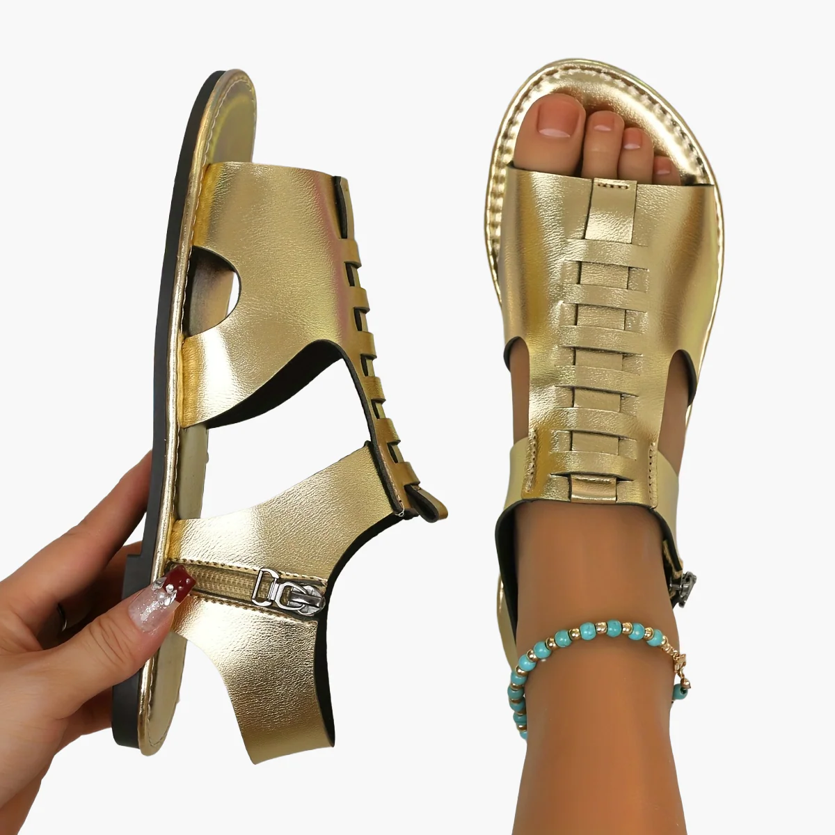 Sandales plates d'été pour femme style gladiateur à bout ouvert avec fermeture éclair - Image 10