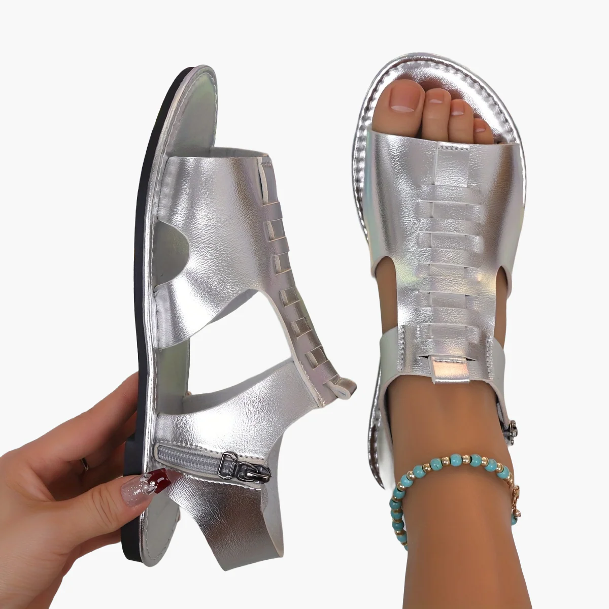 Sandales plates d'été pour femme style gladiateur à bout ouvert avec fermeture éclair - Image 11