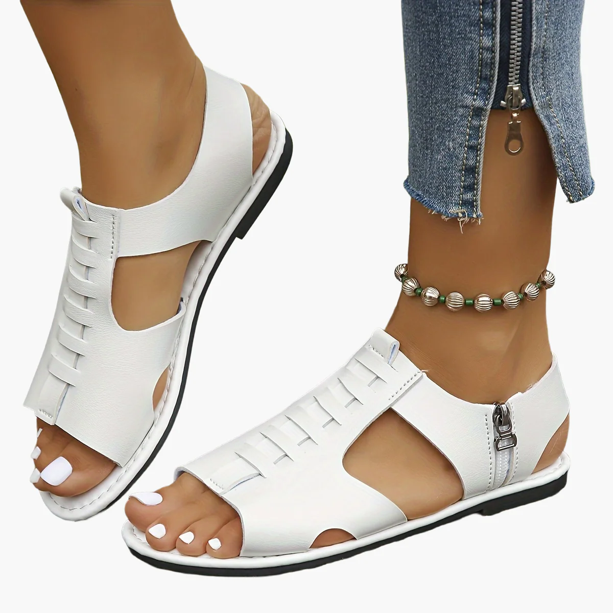 Sandales plates d'été pour femme style gladiateur à bout ouvert avec fermeture éclair - Image 5