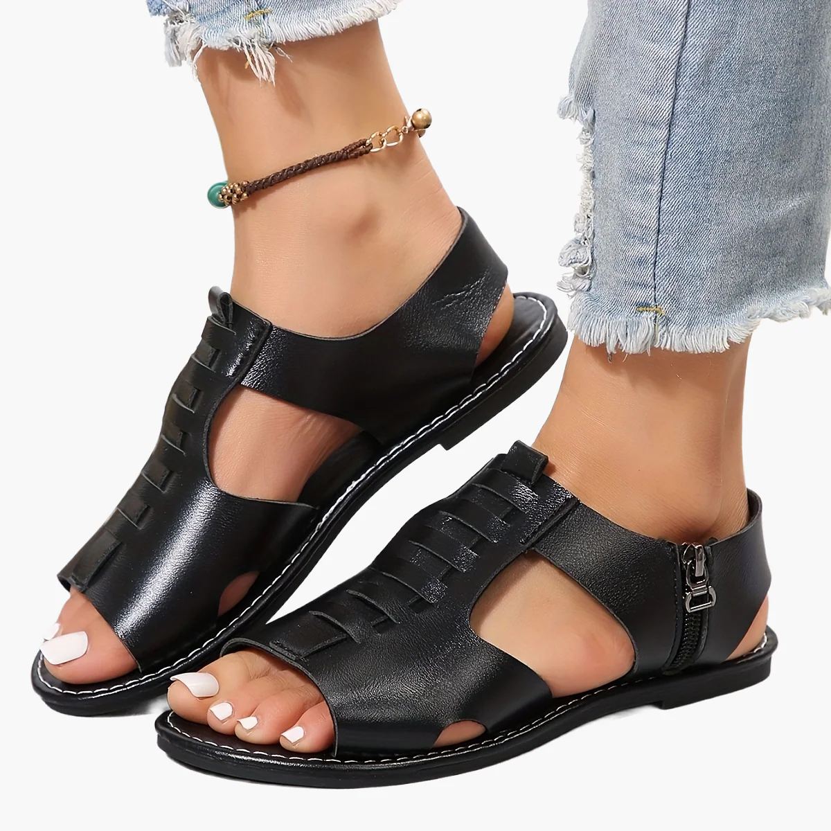 Sandales plates d'été pour femme style gladiateur à bout ouvert avec fermeture éclair - Image 6