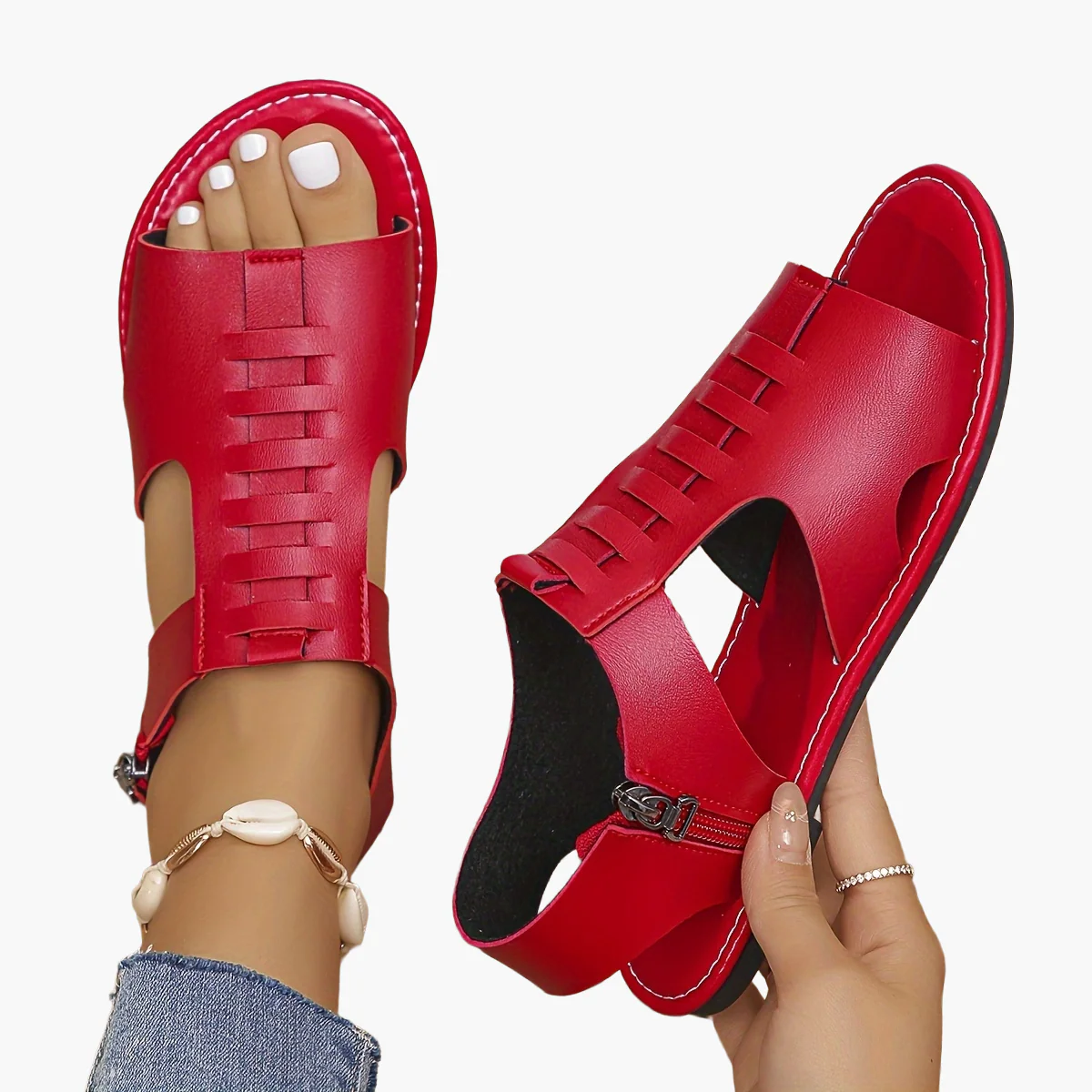 Sandales plates d'été pour femme style gladiateur à bout ouvert avec fermeture éclair - Image 8