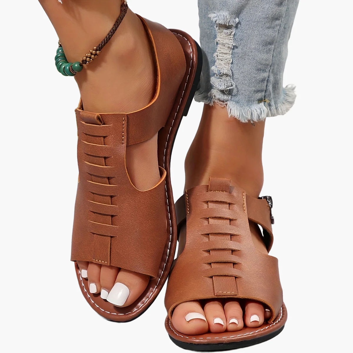 Sandales plates d'été pour femme style gladiateur à bout ouvert avec fermeture éclair - Image 9
