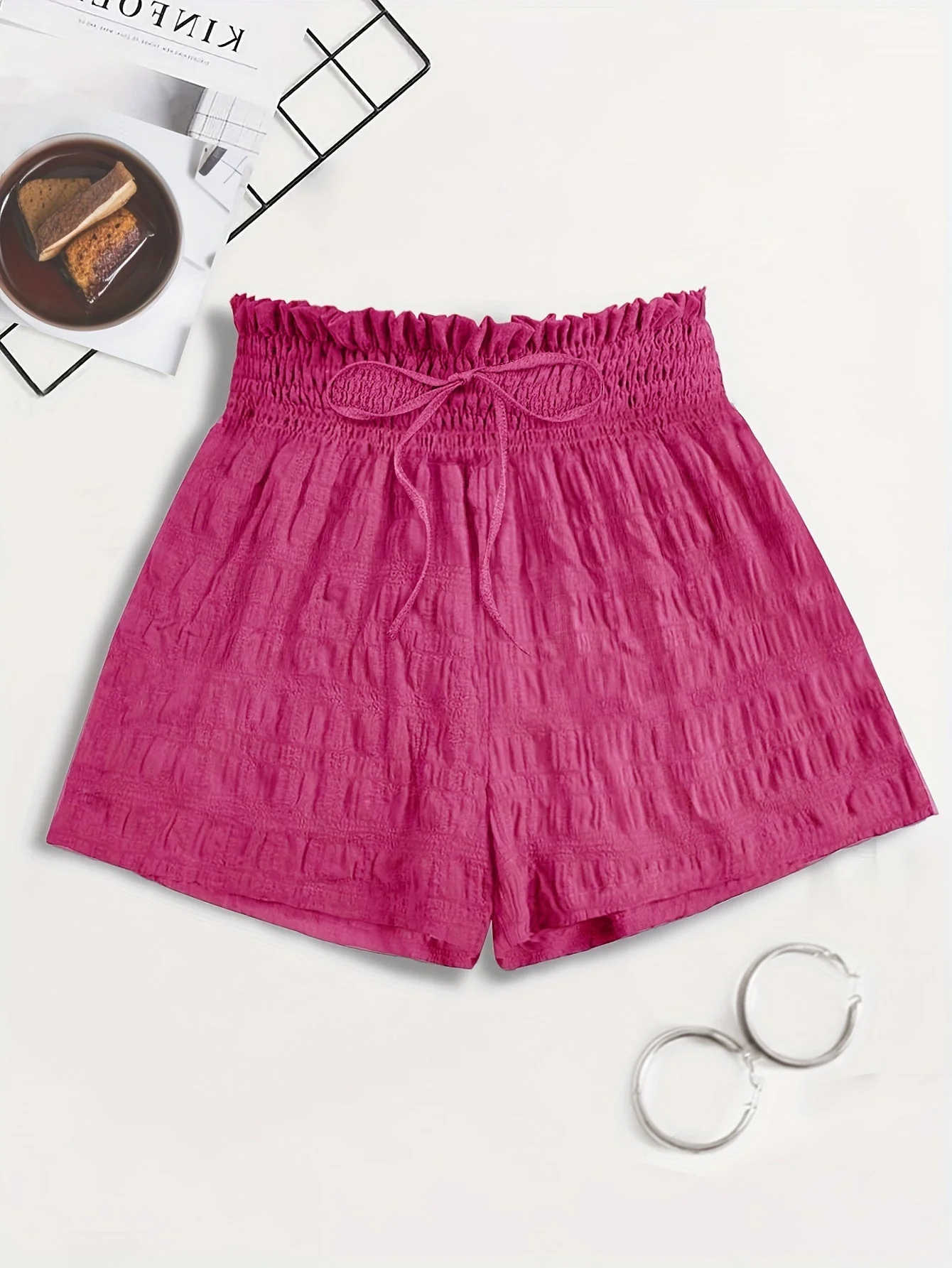 Short ample taille haute à smocks pour femme, style décontracté été - Image 2