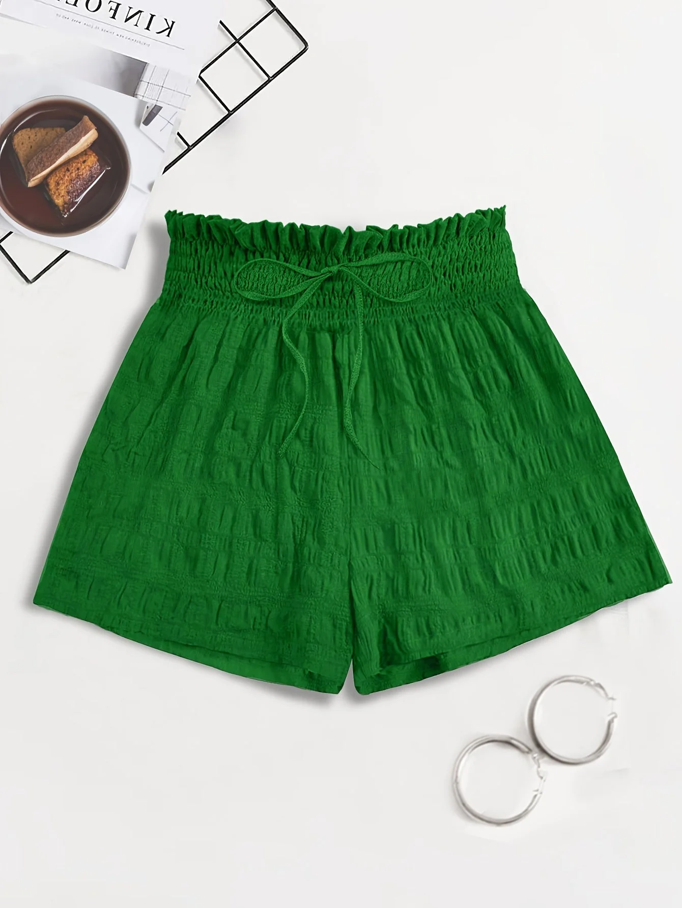 Short ample taille haute à smocks pour femme, style décontracté été - Image 3