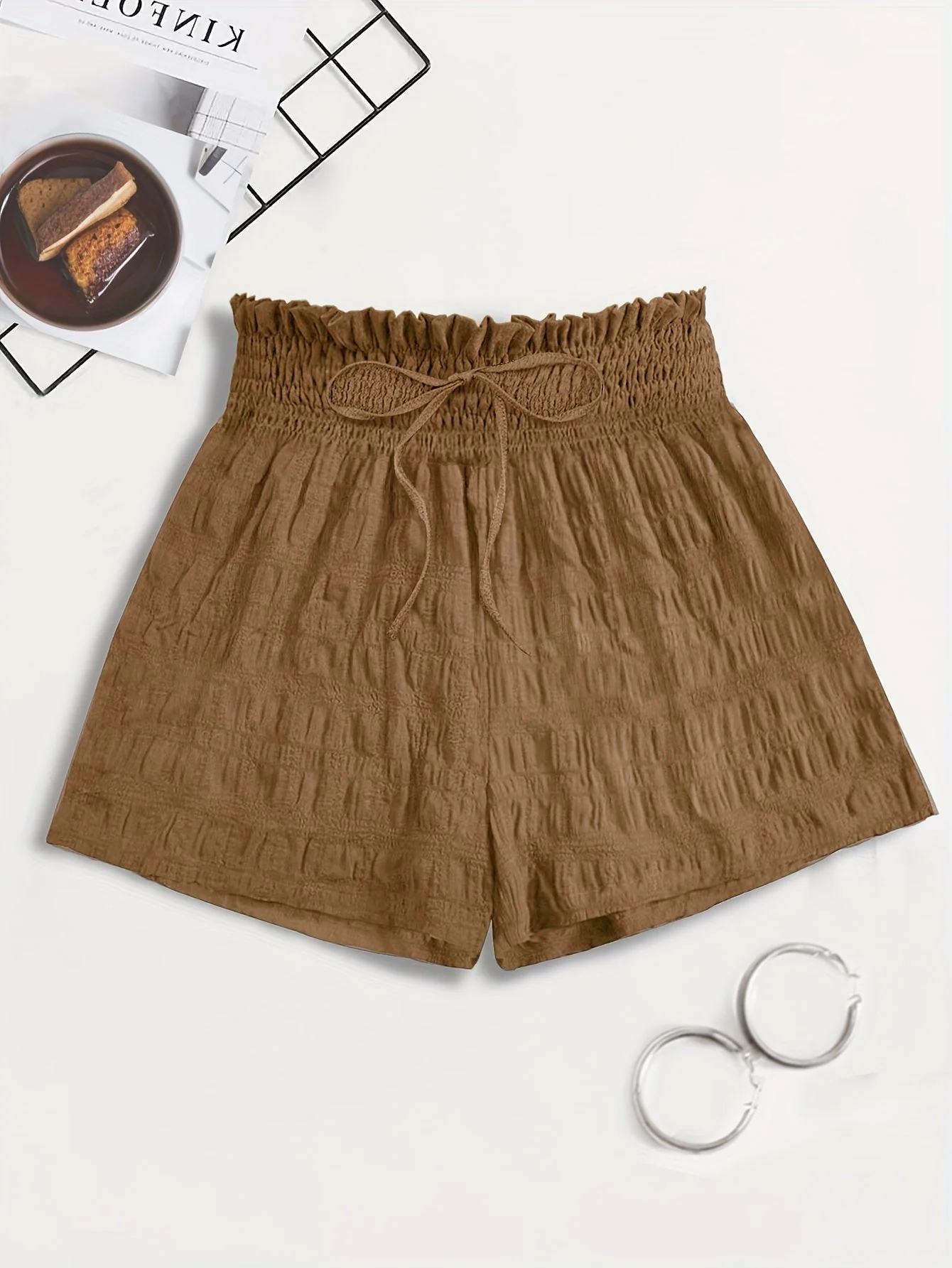 Short ample taille haute à smocks pour femme, style décontracté été - Image 5