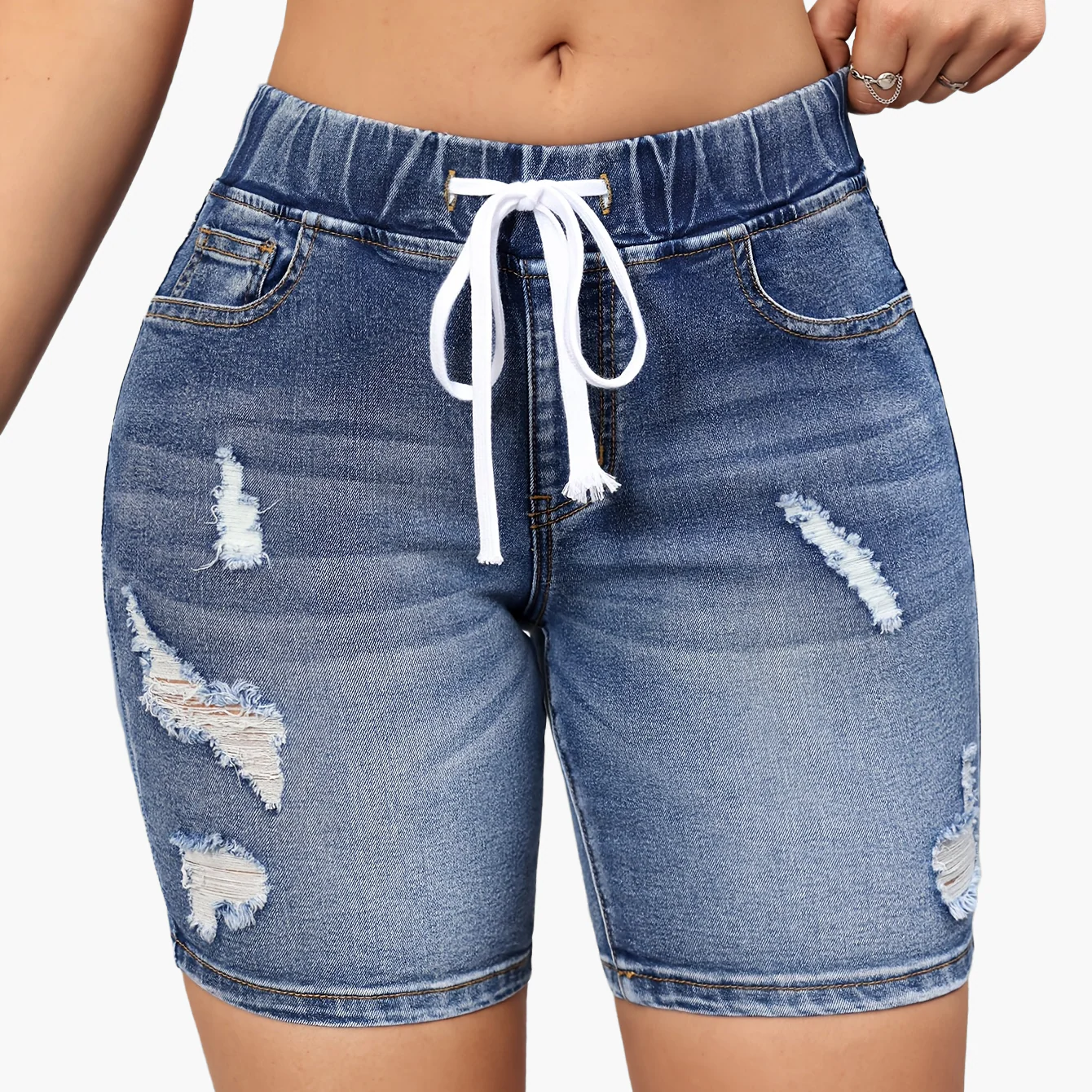 Short bermuda décontracté pour femme à taille élastique et détails usés – Idéal été et plage - Image 7