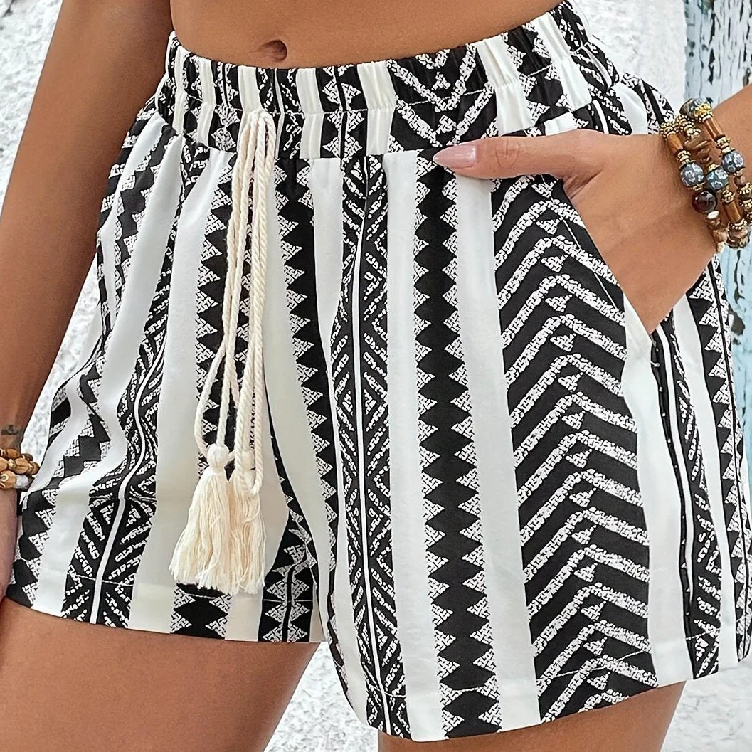 Short d'été à motif géométrique pour femme, style bohème avec taille élastique et cordon - Image 12