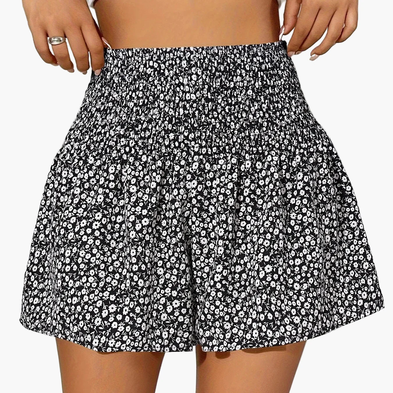 Short femme taille haute à smocks style fleuri décontracté été - Image 13