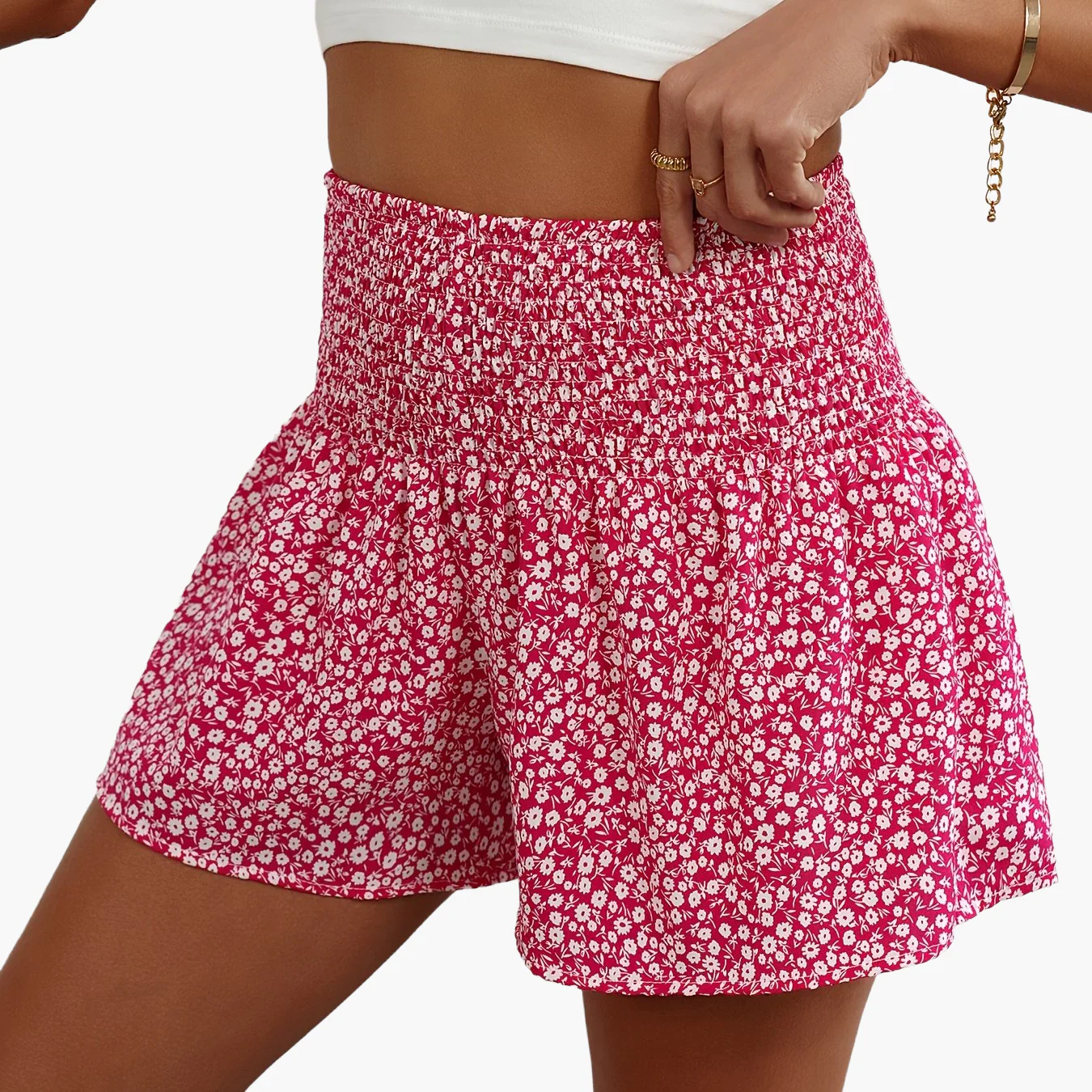 Short femme taille haute à smocks style fleuri décontracté été - Image 16