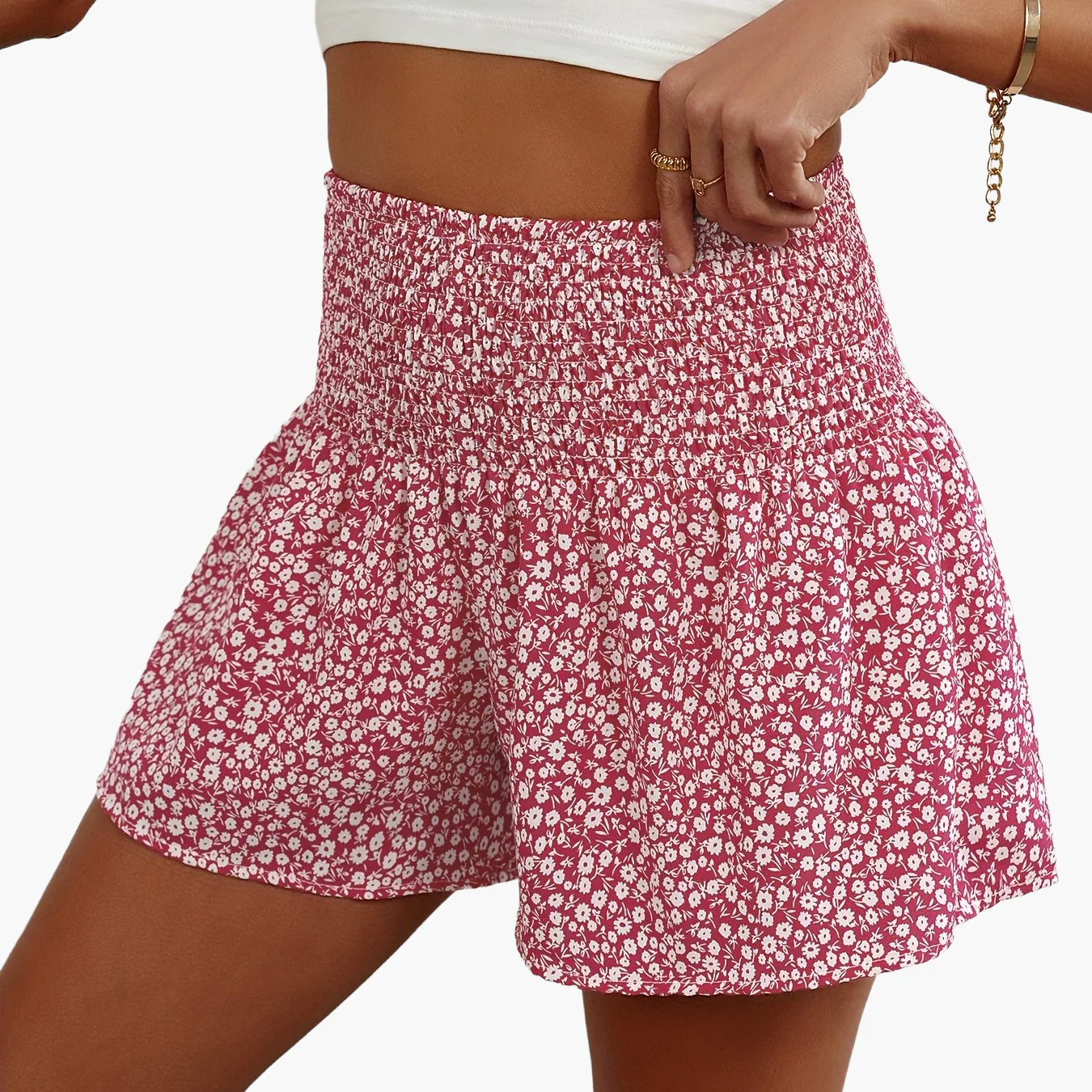 Short femme taille haute à smocks style fleuri décontracté été - Image 17