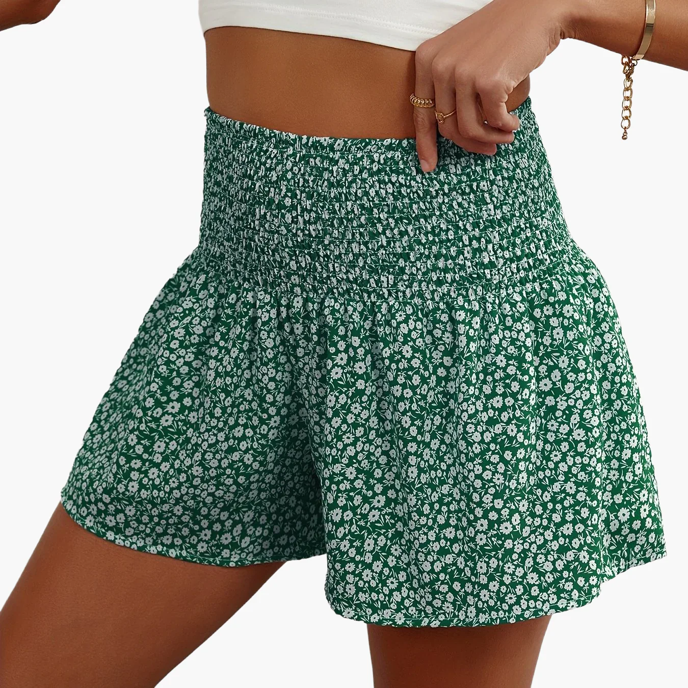 Short femme taille haute à smocks style fleuri décontracté été - Image 18
