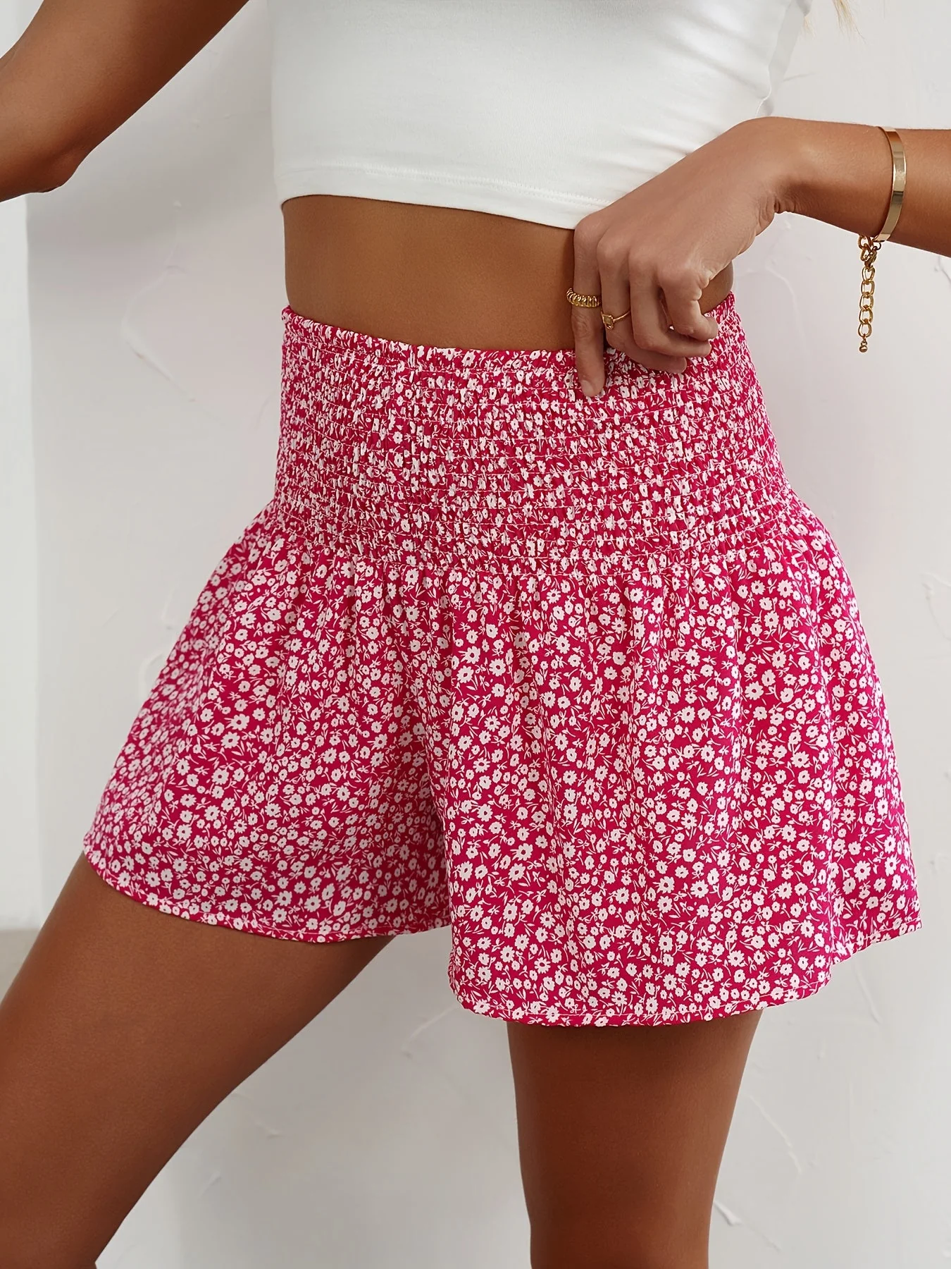 Short femme taille haute à smocks style fleuri décontracté été - Image 6