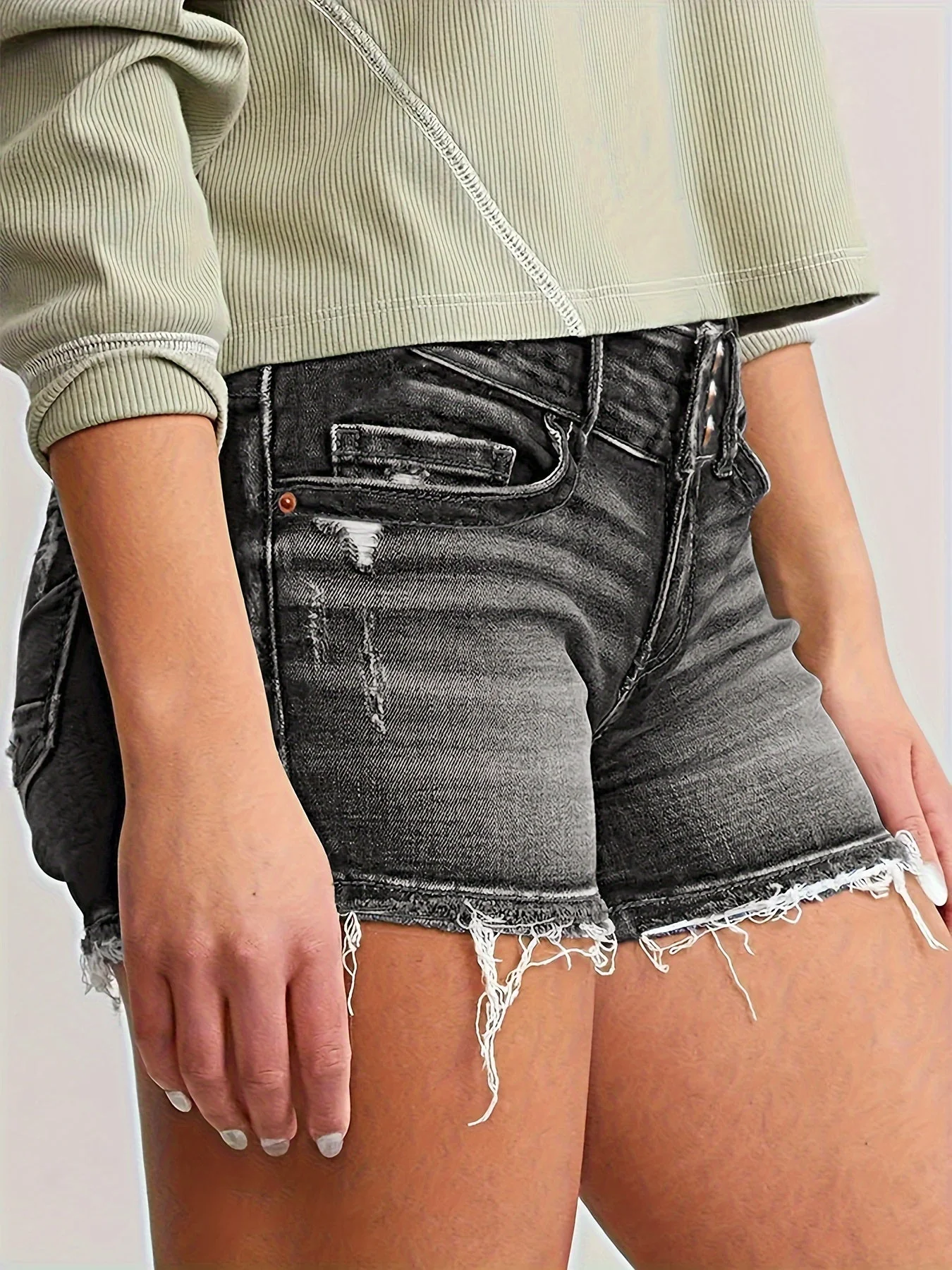 Short en jean décontracté femme taille haute style effiloché pour l'été - Image 3