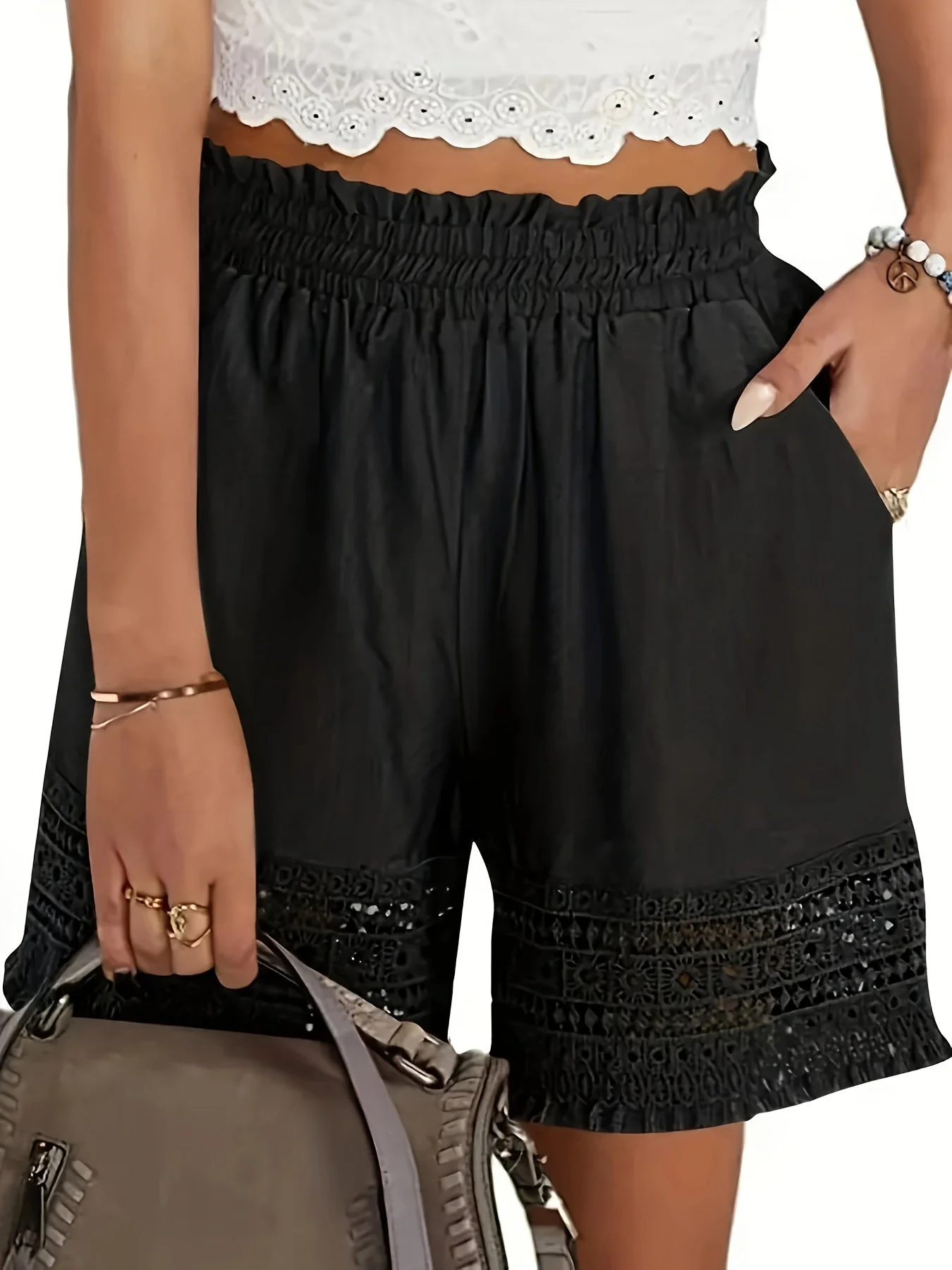 Shorts femme style bohème à taille froncée pour l'été, idéal pour les vacances et le quotidien - Image 4