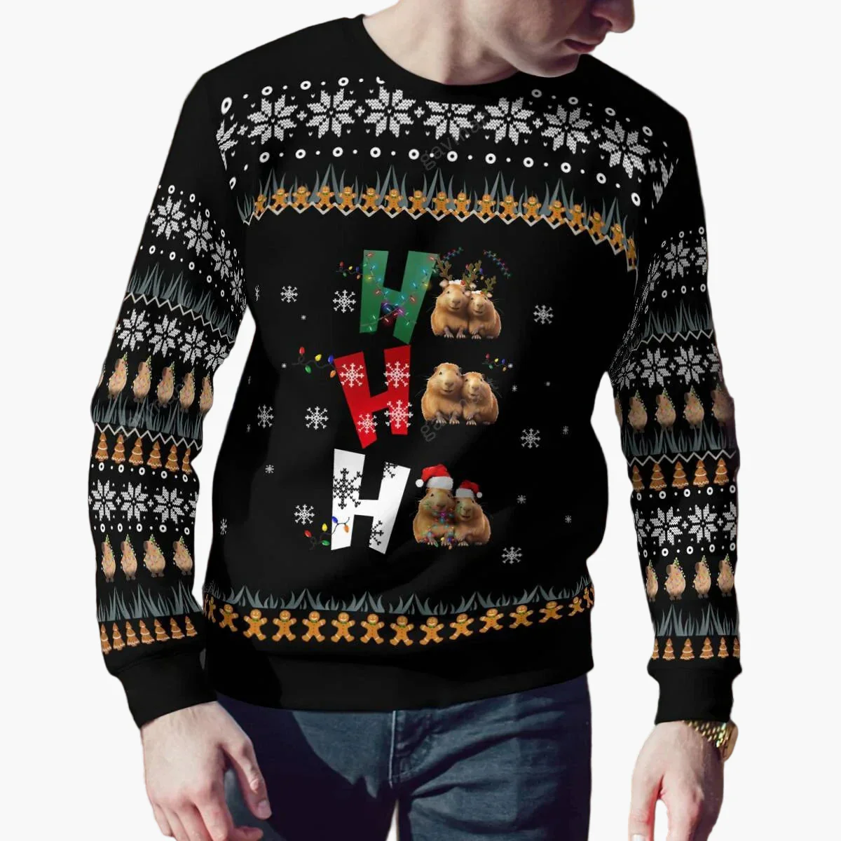 Sweat de Noël Homme Motif Capybara Festif Style Hiver Pull Original Fête et Cadeau - Image 3