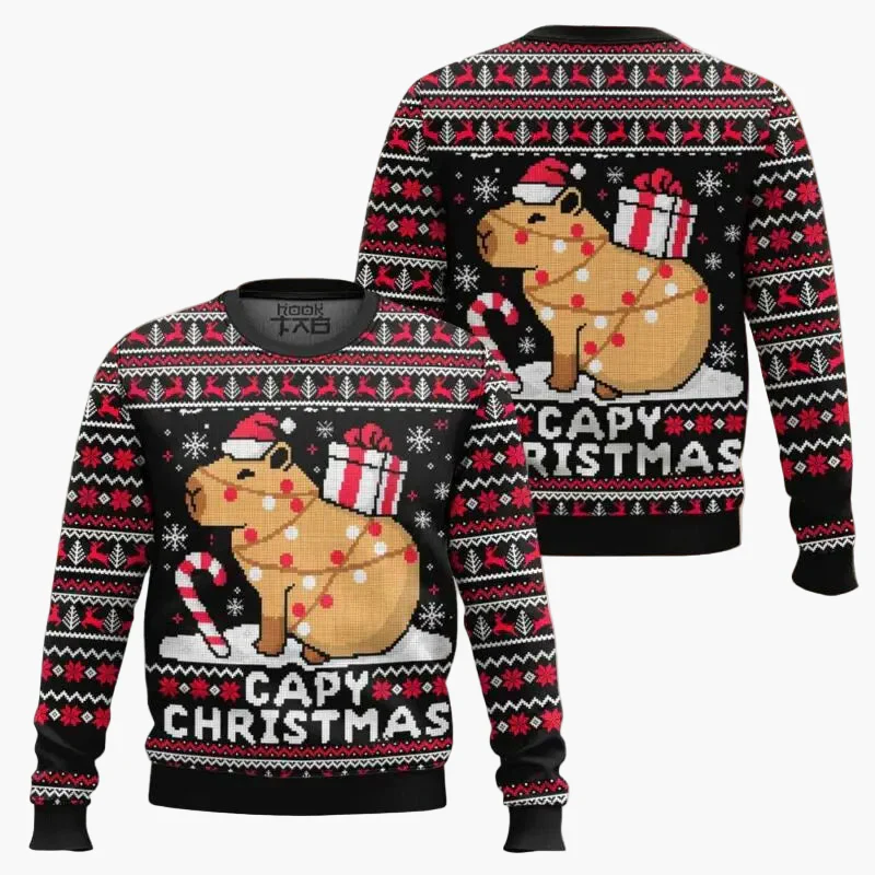 Sweat de Noël Homme Motif Capybara Festif Style Hiver Pull Original Fête et Cadeau - Image 4