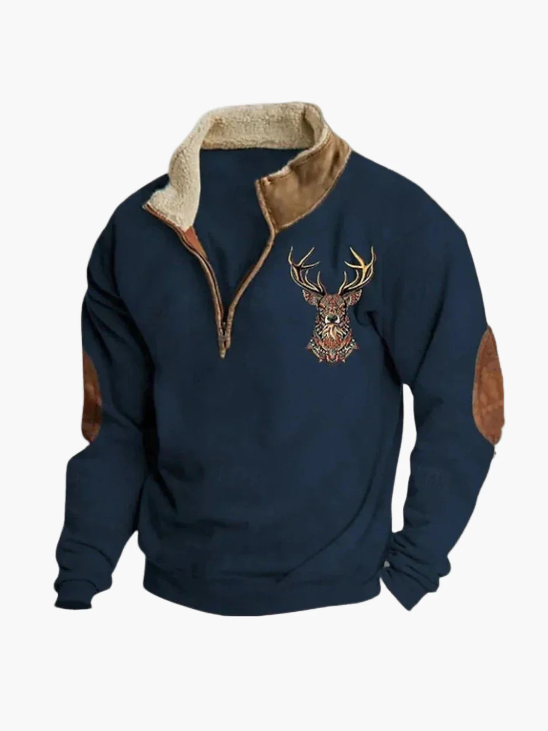 Sweat-shirt homme quart-zip style décontracté avec motif cerf brodé, confortable et chaud - Image 3