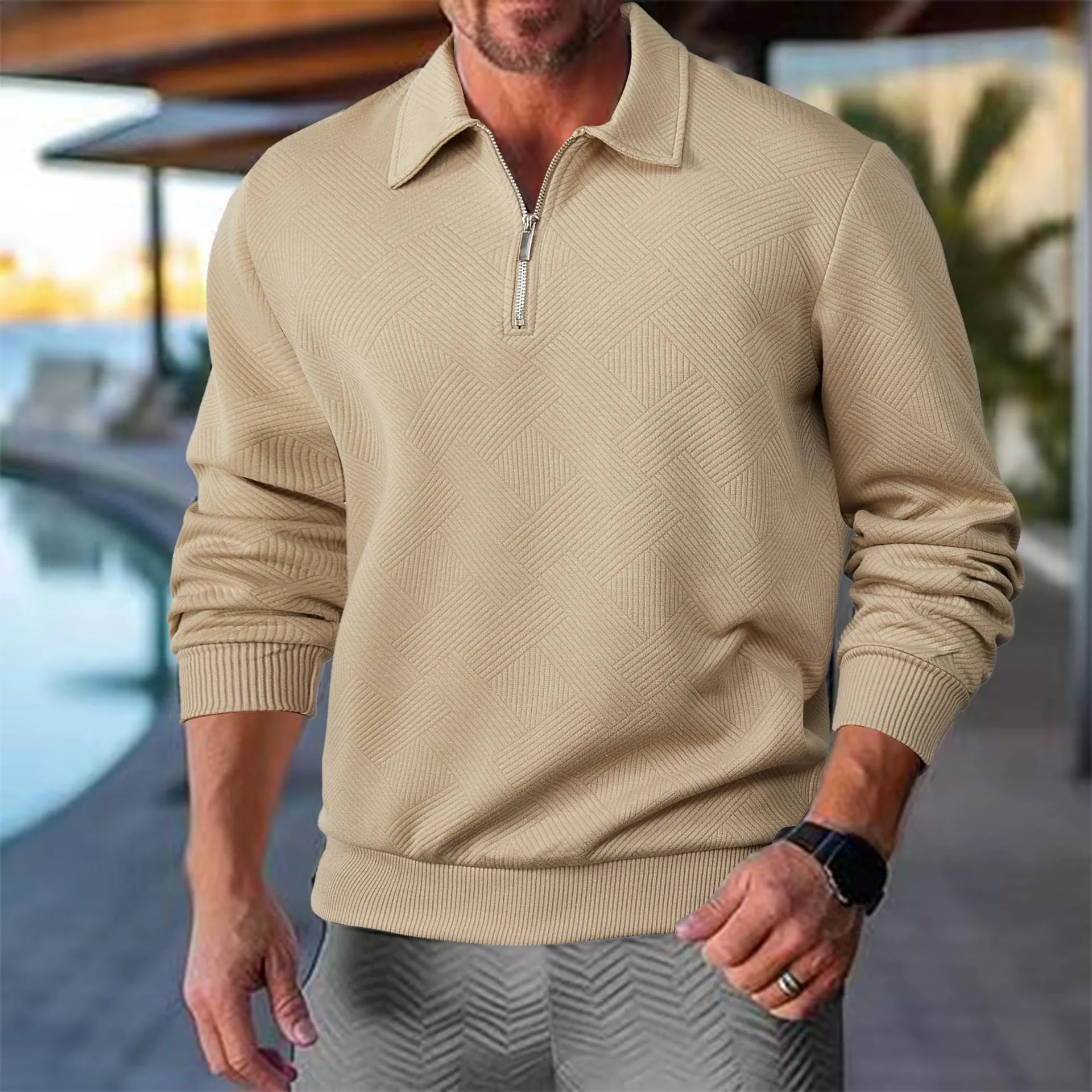 Sweat-shirt pour homme style vintage à col zippé avec motif géométrique – Élégance décontractée pour toutes occasions - Image 3