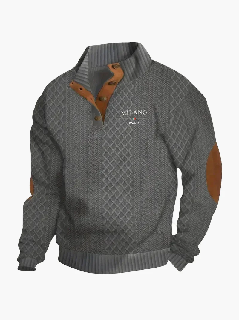 Sweat-shirt homme style vintage Milano Italia avec col boutonné et coudières – Mode décontractée élégante - Image 3