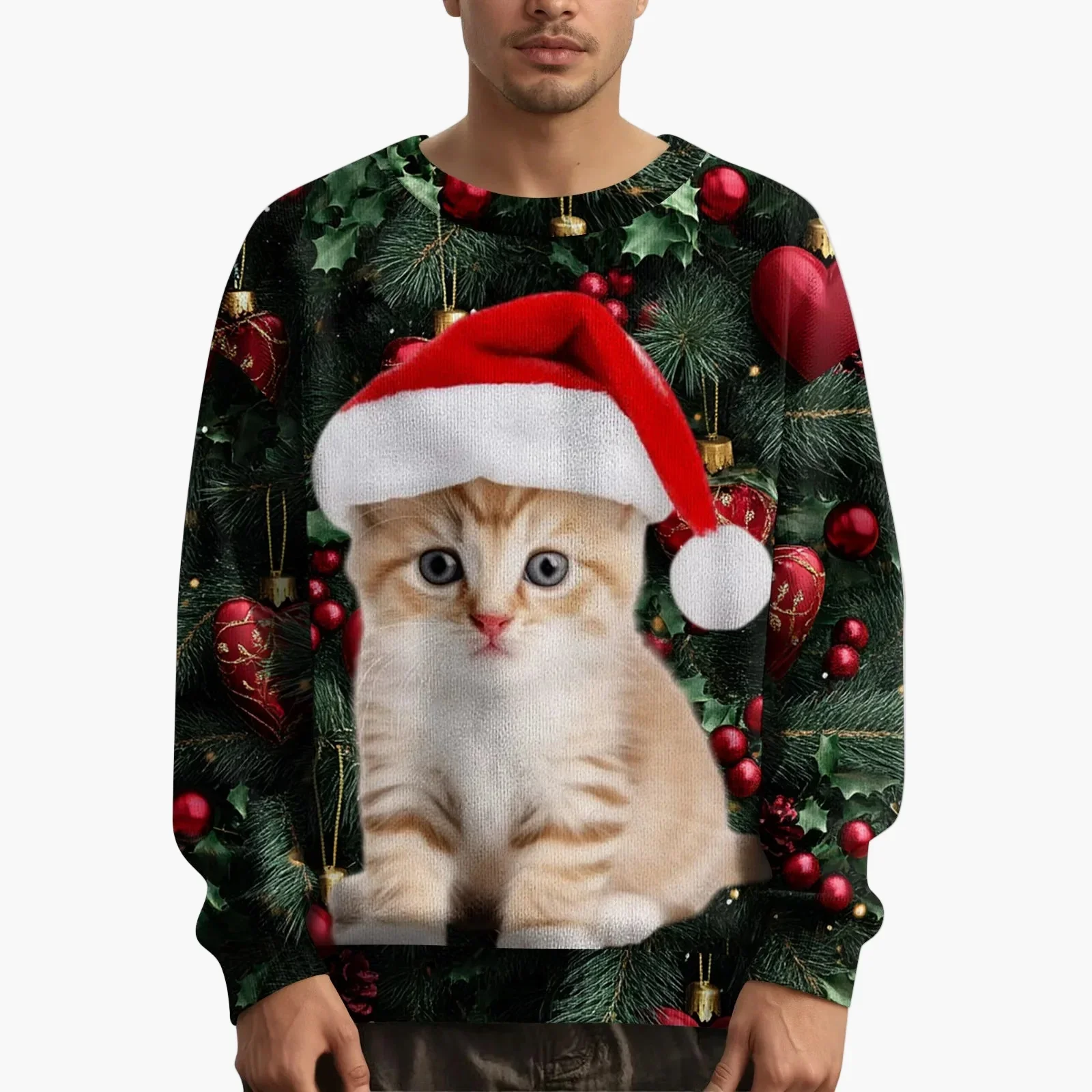 Sweat-shirt de Noël homme motif chat avec pull tricoté – Style festif et original - Image 2