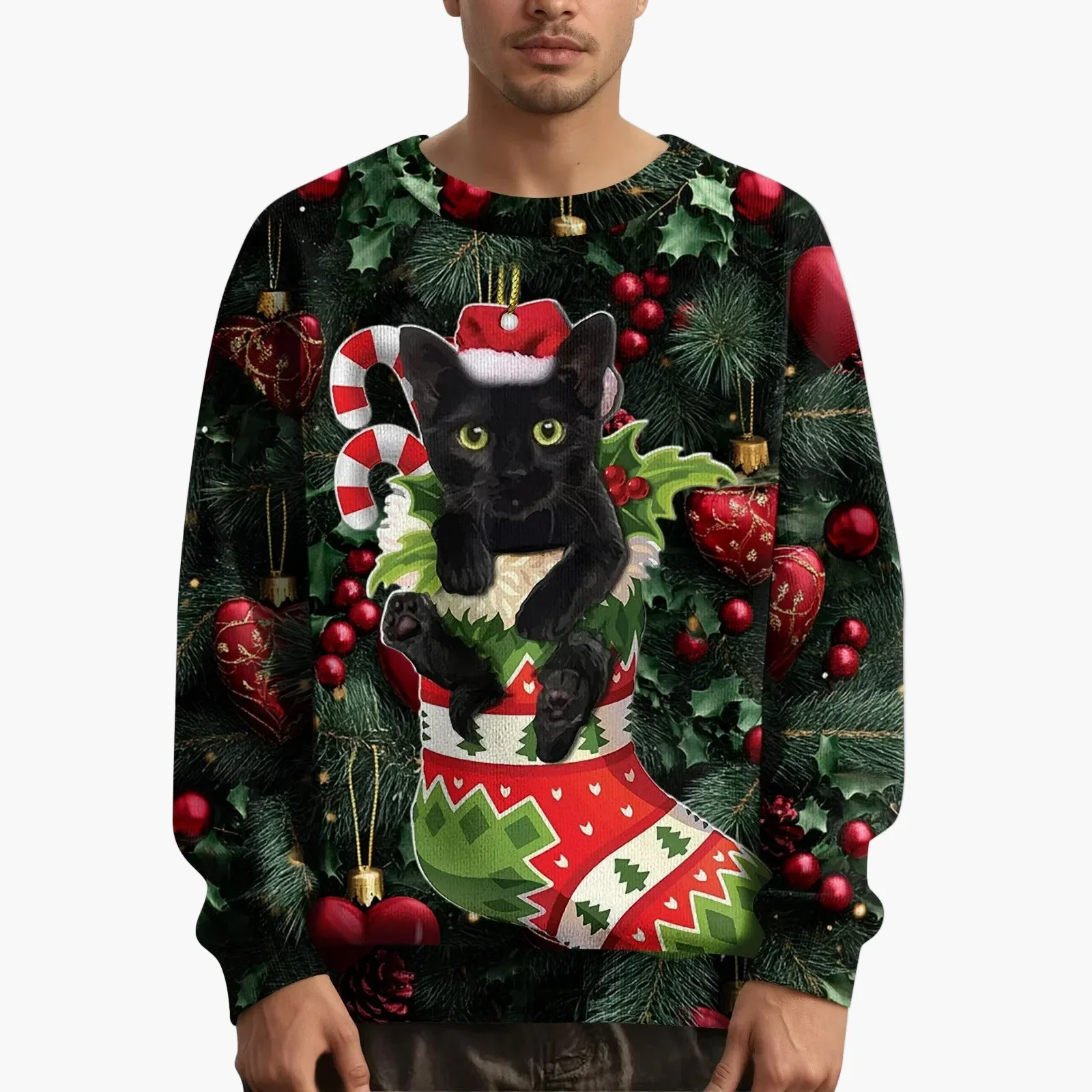 Sweat-shirt de Noël homme motif chat avec pull tricoté – Style festif et original - Image 3